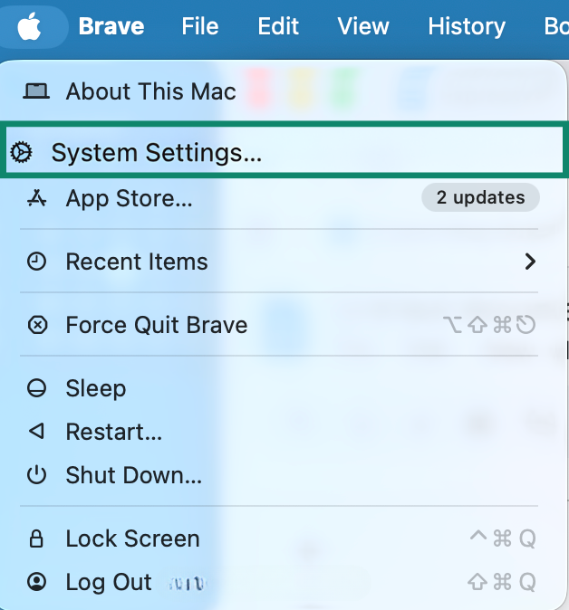 MacOS menu highlighting the