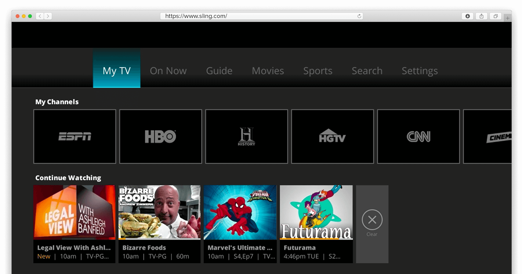 Скриншот главной страницы Sling TV.
